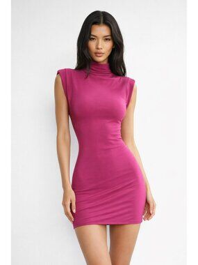 Babaton Kaia Mock Neck Sleeveless Fuchsia Mini Dress XS
